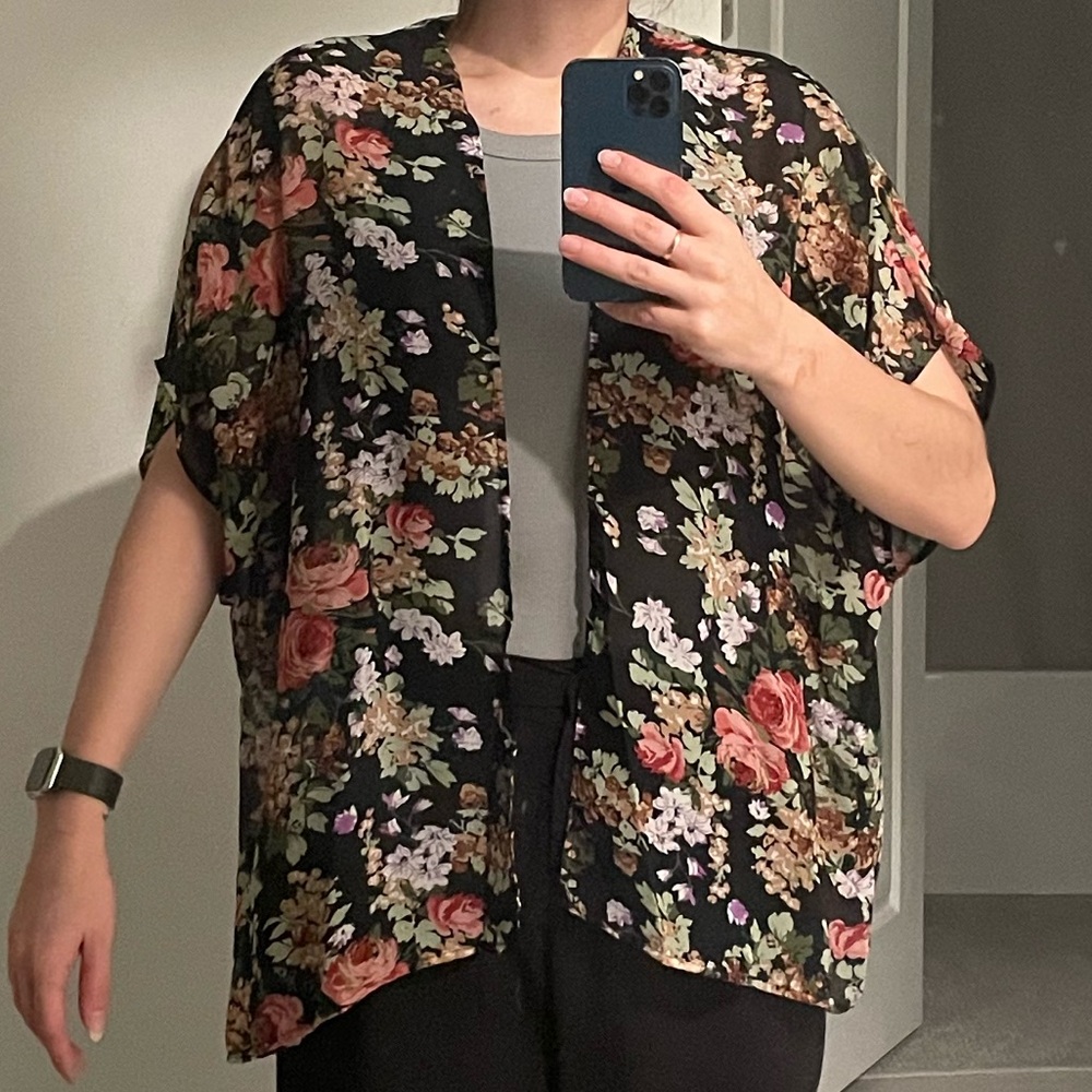 Black Sheer Rose Floral Kimono Open Front Blouse M